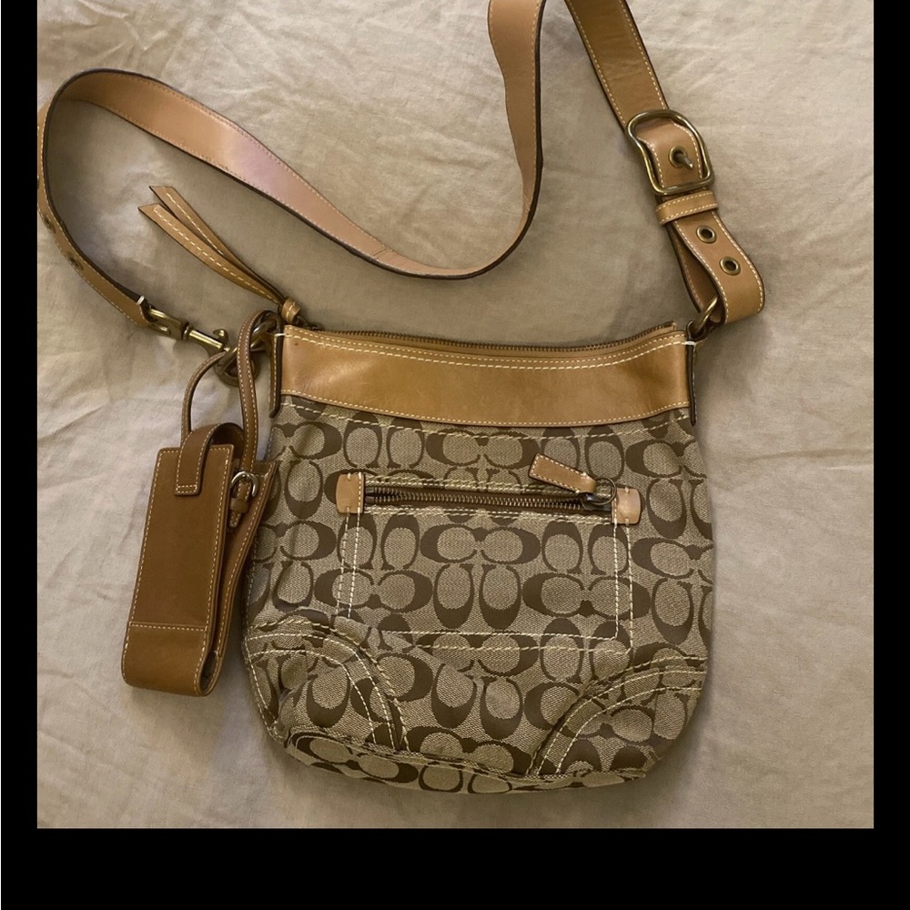 Coach Signature Beige and Brown Crossbody Bag